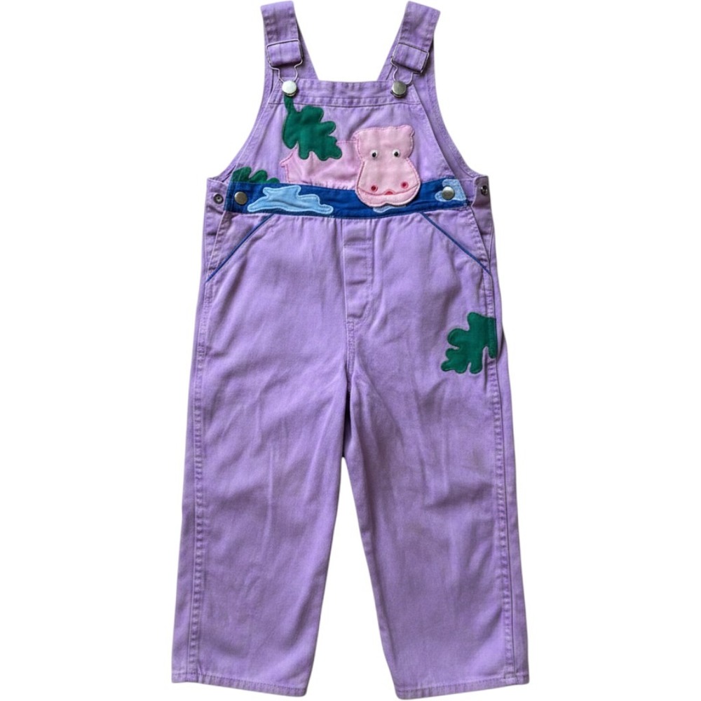 Vintage Popsicle Kids Purple Hippo Applique Cotton Overalls 90s Purple Size 2/3T